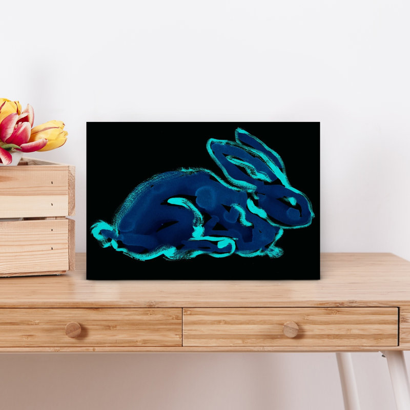 «Blue Rabbit», reproduction d'art mural abstrait forêt minimaliste contemporaine, 12" H x 18" W