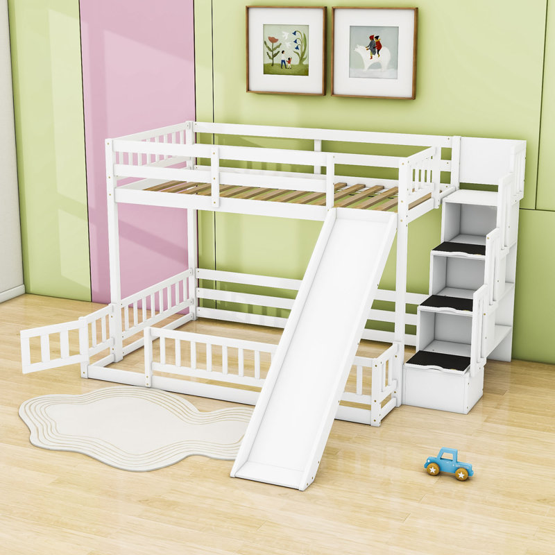 Kaniyha Twin Over Full Wooden Bunk Bed With Slide And Storage Staircase, White