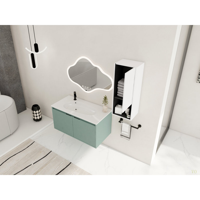 Meuble-lavabo flottant 36 po avec lavabo en résine en forme de goutte, armoire latérale et portes à fermeture douce, armoire combinée (emballage KD)