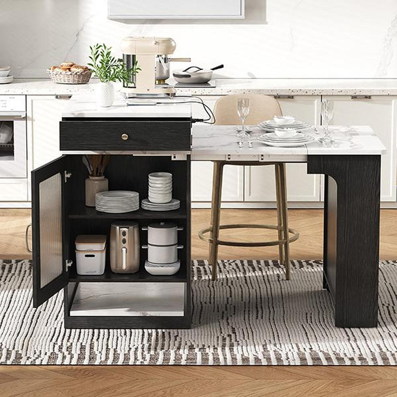 59.5" Kitchen Island With Extendable Dining Table, Kitchen Storage Table With Double-Sided Storage, Kitchen Island With 2 Drawers, Power Outlet, Side Open Shelves, For Kitchen, Dining Room, Black
