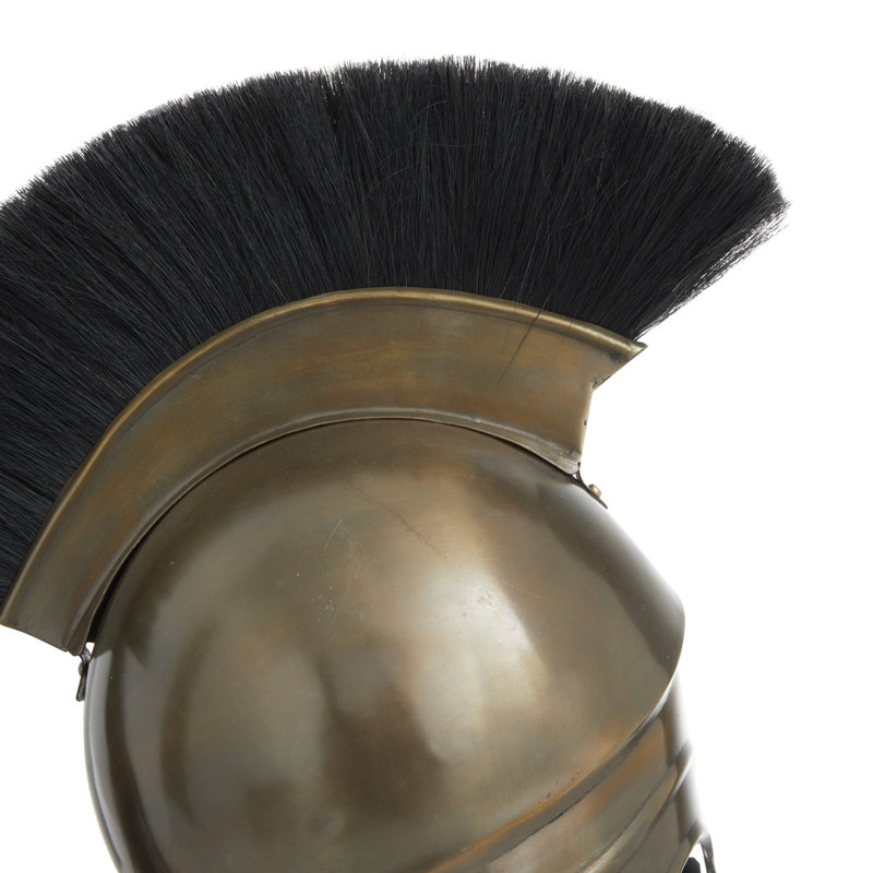 Reproduction en métal Casque médiéval spartan or grec avec support en bois brun et panache