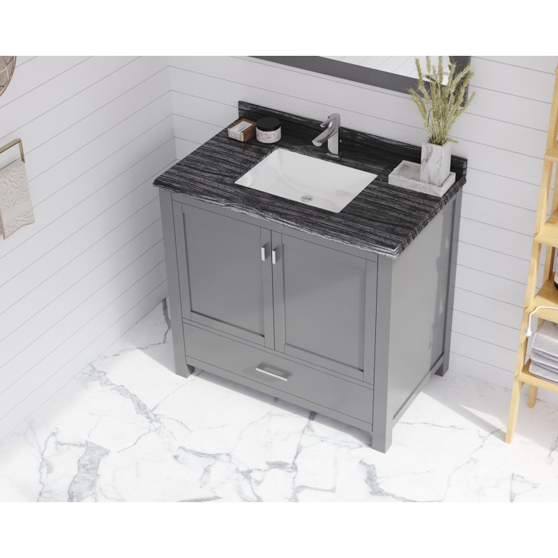 Mariário 36'' Single Bathroom Vanity with Stone Top, Gray, Black Wood