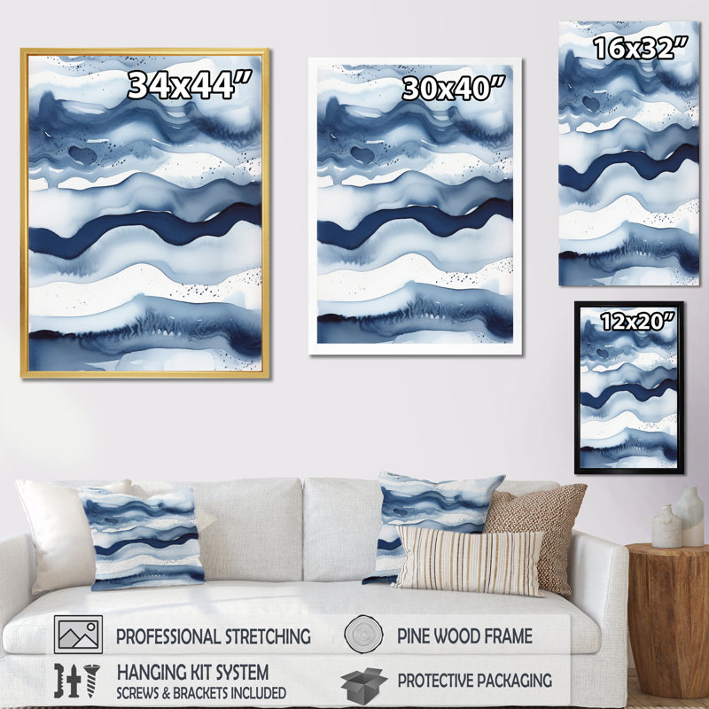 Art abstrait sur toile, vagues bleues classiques III, H 20 po x l 12 po x P 1 po, Toile tendue