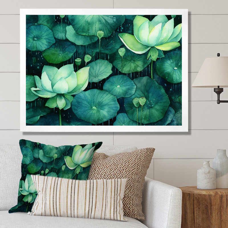 Green Lotus Pond II, reproduction d'art sur toile, H 24 po x l 32 po x P 1 po, Cadre simple blanc