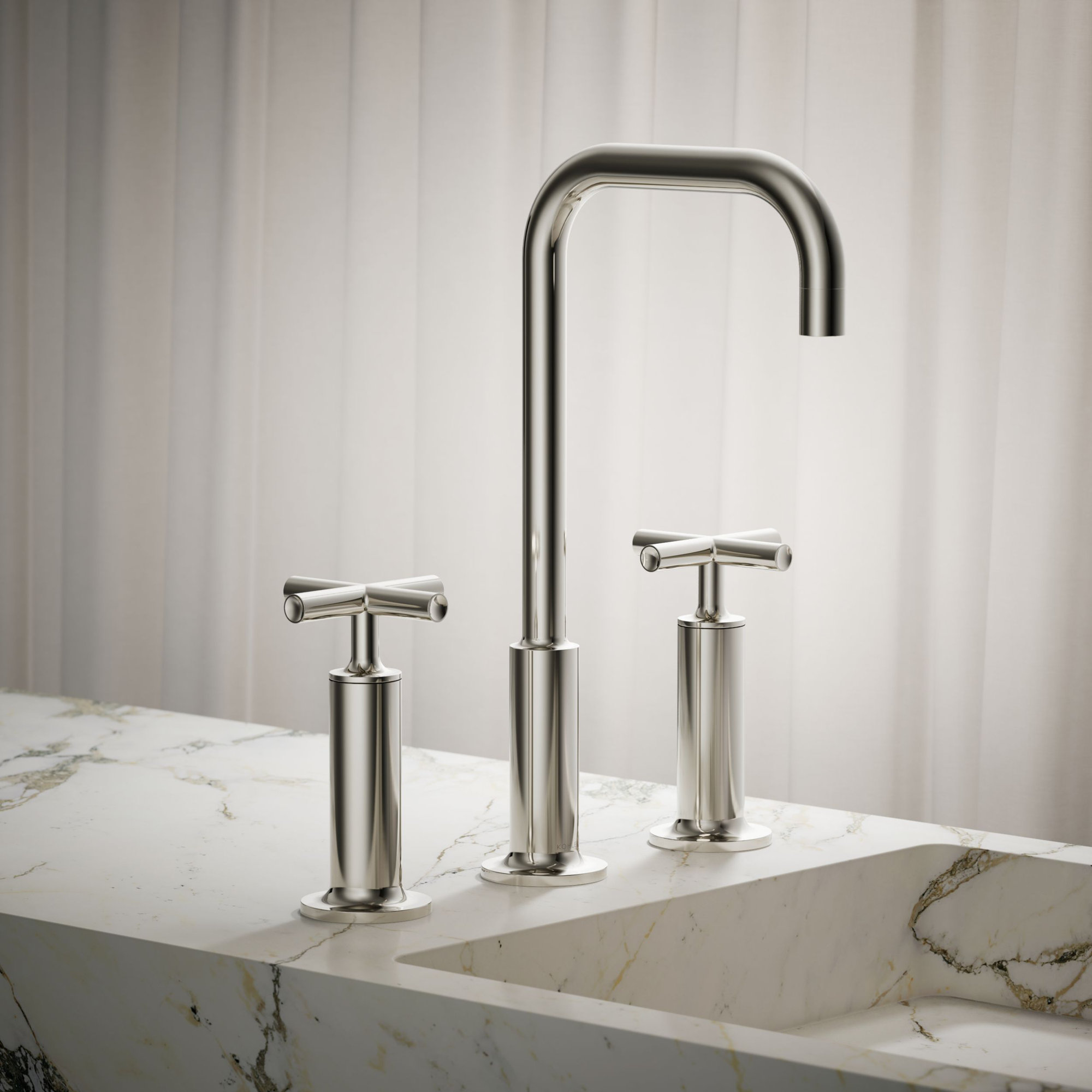 Purist Widespread Bathroom Sink Faucet with High Cross Handles and High Gooseneck Spout, Vibrant Polished Nickel