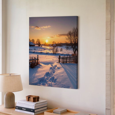 Winter Countryside Sunset Snow Covered Field With Rustic Farmhouses End Wall Art Canvas Ready To Hang Gallery Wrapped Home Decor Decor