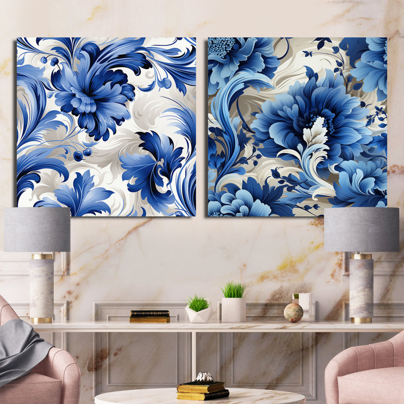 Motif victorien de tourbillons ornementaux bleu cobalt - ensemble de collage carré floral, Toile tendue, H 30 po x l 61 po