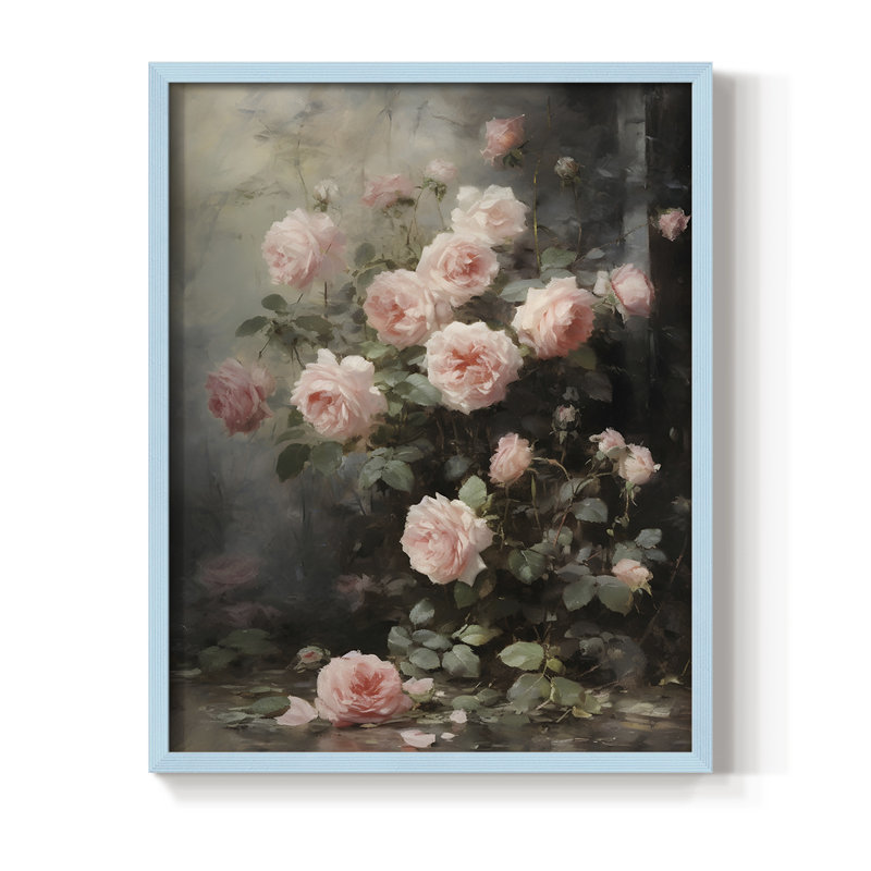 Reproduction florale rétro encadrée Ccii - bois massif, H 21 po x l 17 po, Bleu