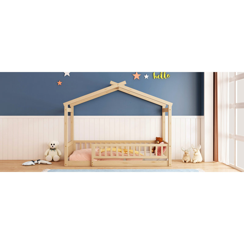 Lit simple pour lit simple - Structure en bois avec clôture et pin, Naturel, Lit simple
