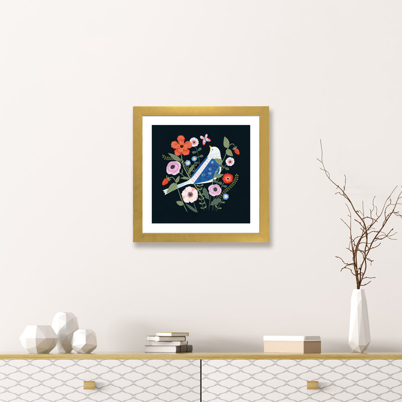 «Folk Garden I» par Victoria Borges - impression d'art graphique, H 24 po x l 24 po x p 1 po, Papier encadré doré, Blanc