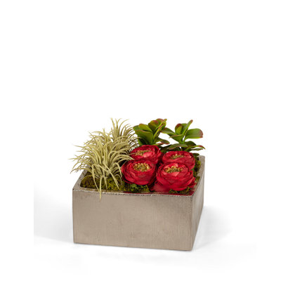 Geometric Rose and Succulent Faux Floral in Planter