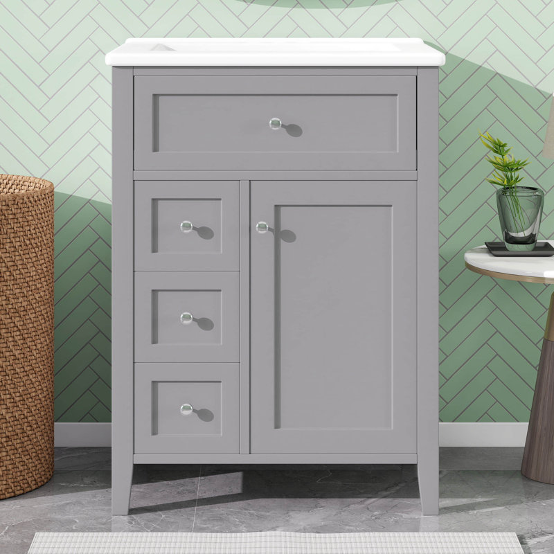 Meuble-lavabo de 24 po avec lavabo, armoire de rangement simple autoportante avec tiroir inclinable, 3 tiroirs, tablette réglable et support de rangement