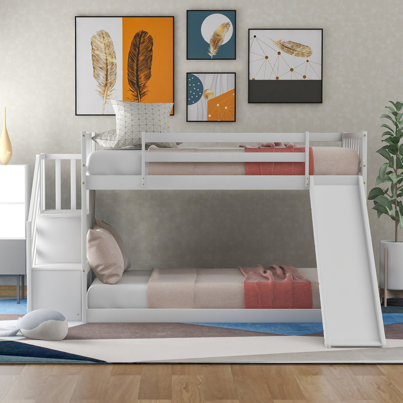 Lit superposé avec glissière convertible et escalier, Blanc