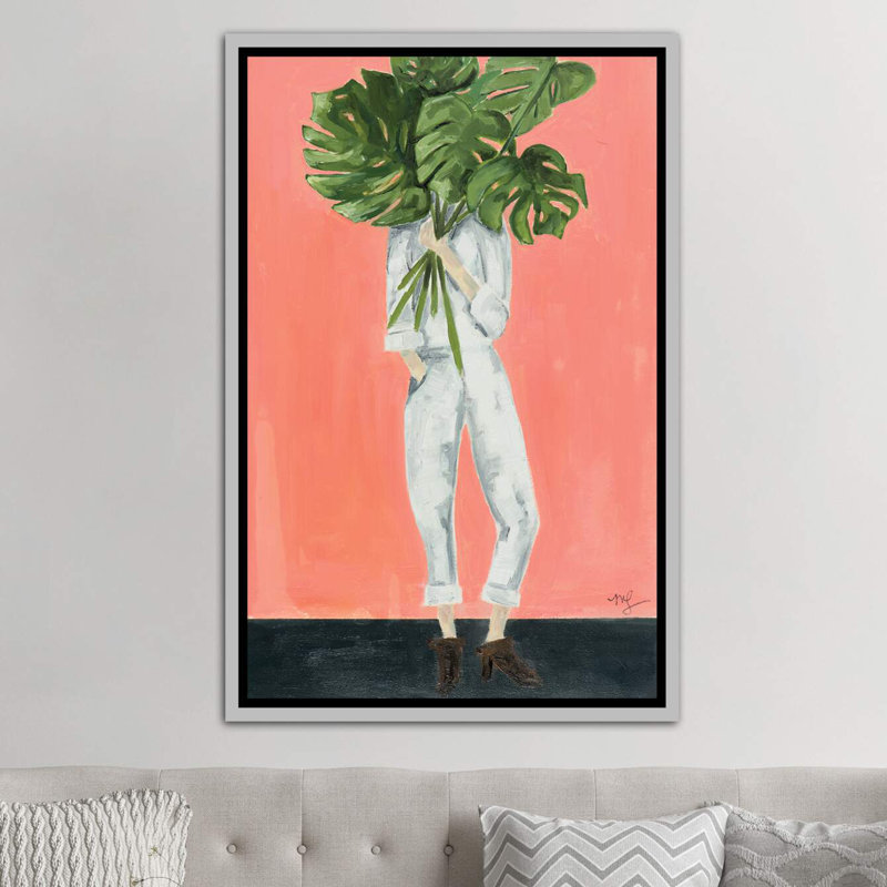 « monstera », peinture, Toile avec cadre argenté, H 48 po x l 32 po x P 1,5 po