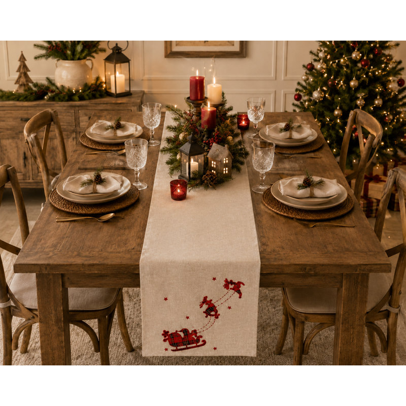 Chemin de table appliquer tartan père noël avec rennes Isaias, L 36 po x l 16 po