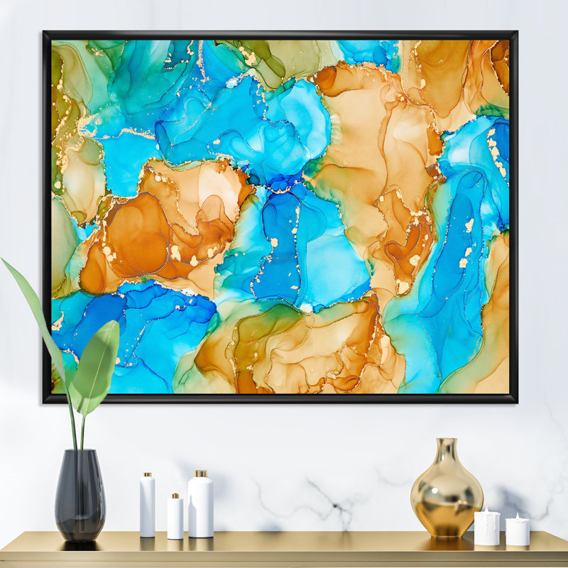 Turquoise et brun, luxe abstrait, fluide I - peinture sur toile, H 34 po x l 44 po x P 1,5 po, Cadre flottant noir