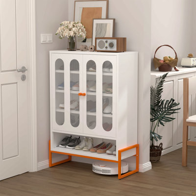 Double Door Shoe Cabinet With Adjustable Mesh Doors And High Foot Hollow Storage Cabinet Bottom
