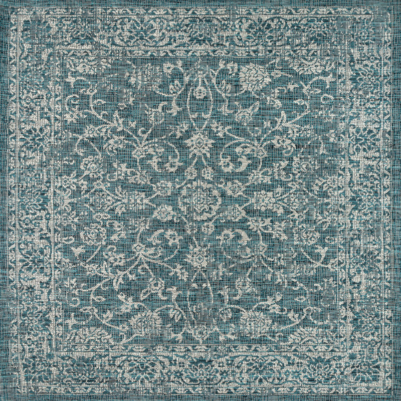 Leonora Bohemian Textured Weave Floral Teal/Gray Indoor/Outdoor Rug, Square 5'3"