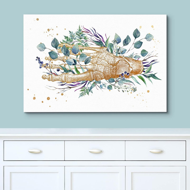 Squelette à la main, pastel, feuille de forêt printanière, santé, art moderne, botanique, décoration murale