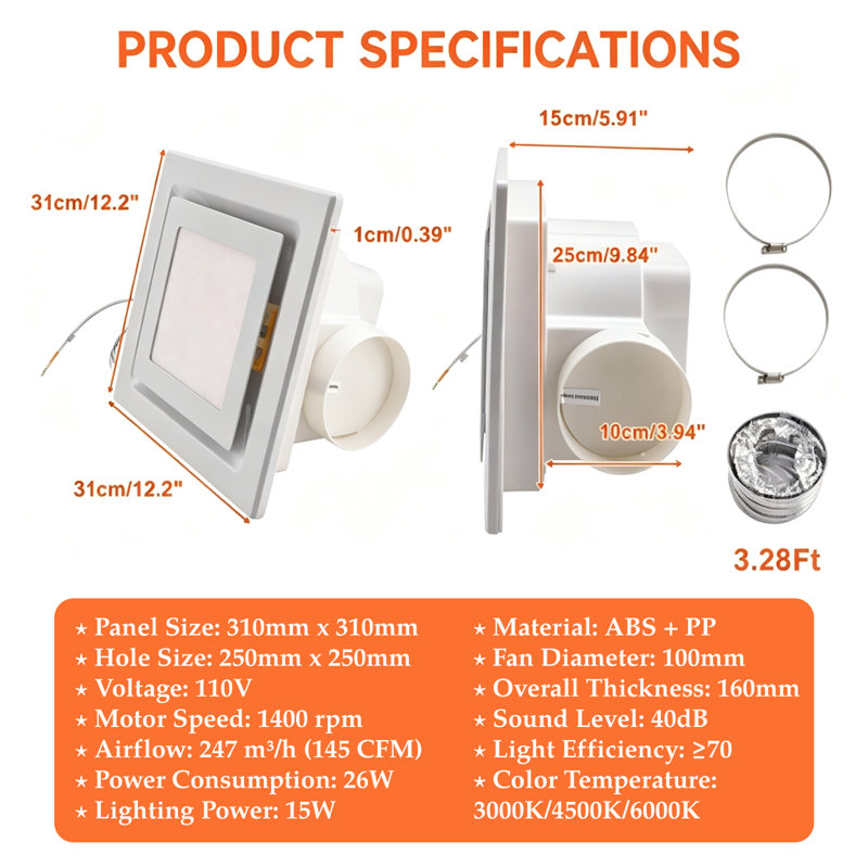 Ventilateur d'extraction de salle de bain avec éclairage DEL 15 W, 145 CFM, à intensité variable et montage au plafond, pour salles de bain de petite et moyenne taille.