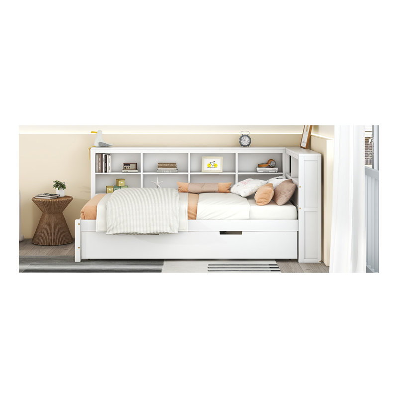 Lit de jour en bois avec lit gigogne simple, lit de jour avec tablette de rangement et ports de chargement USB, Lit simple