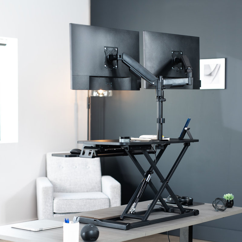 Vivo Black Standing Desk Riser With Dual Monitor Arm For Up To 32" Screens, 31.5" W