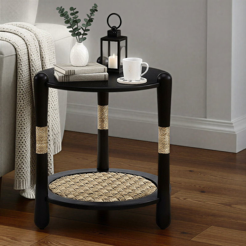 Table de bout ronde en bois avec tablette en ruppie maritime Arnkell, Chêne fumé