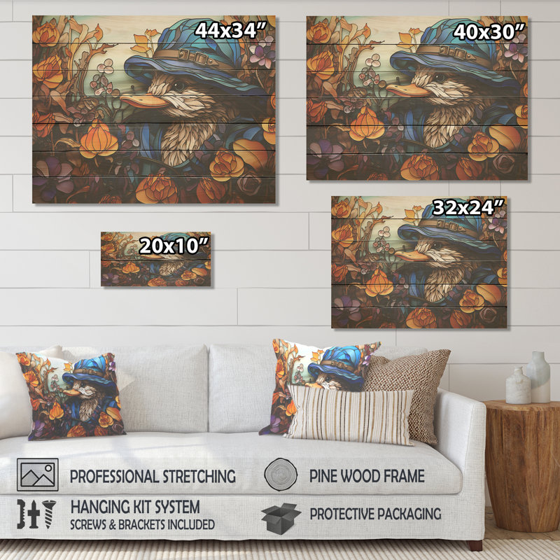 «Blue and Orange Duck Blooms Mosiac» - animal canard sur bois, H 30 po x l 40 po