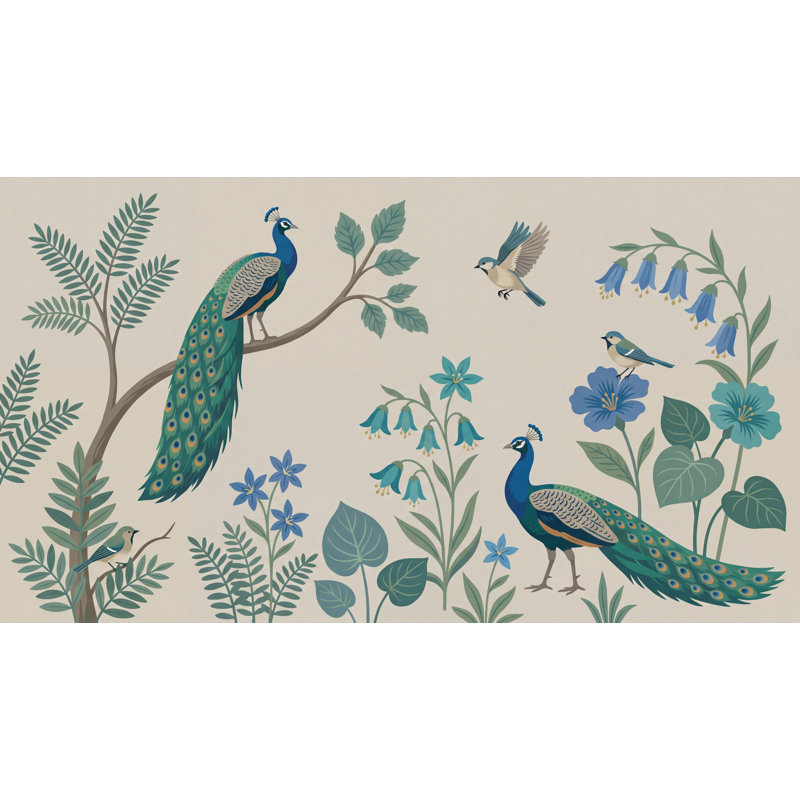 Papier peint paon, oiseaux botaniques, Texturé non collé, 160 po x 108 po
