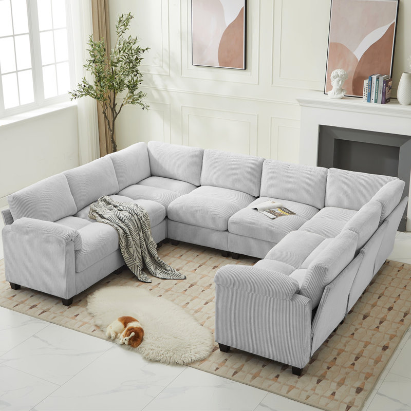8-Piece Upholstered U Shaped Corduroy Sectional, Warmth Gray Corduroy