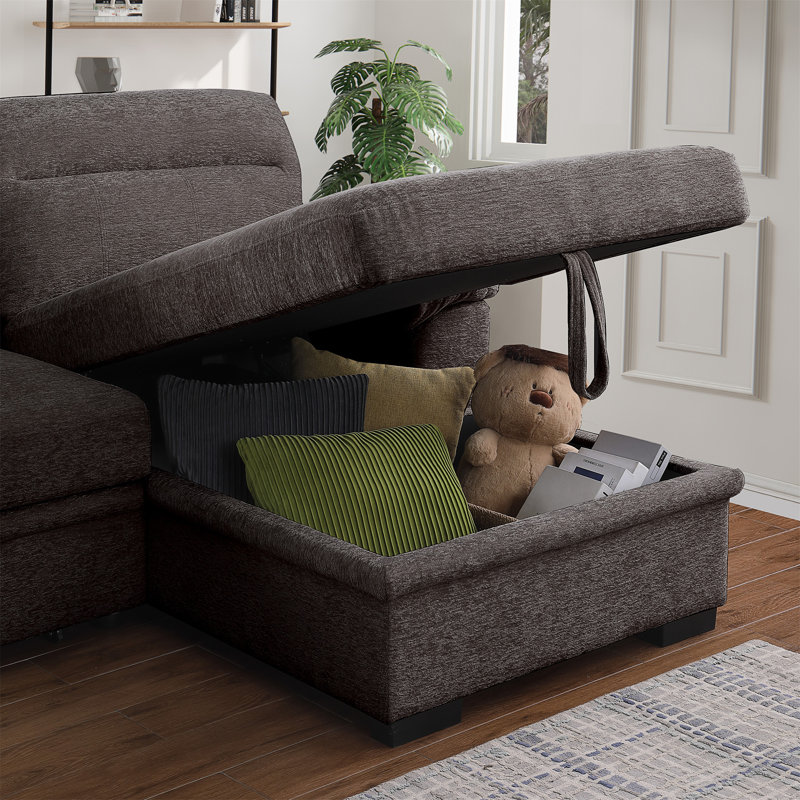 Canapé-lit modulaire en chenille brun Kipling II de 94 po avec méridienne et rangement à droite - lit gigogne, Chenille brun