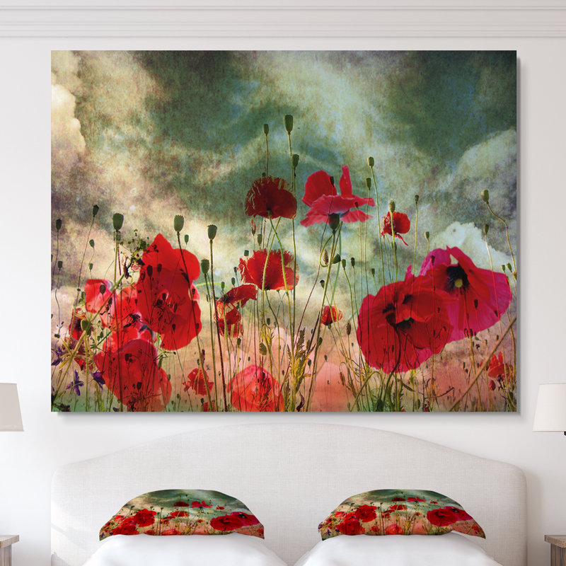 Wild Wild Poppy Flowers in Sky - Art mural floral en bois, H 16 po x l 32 po x P 1 po, Toile tendue