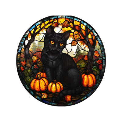 Halloween Window Clings Large Stained Colorful Horror Blacks Cats Statics PVC Window Removable Glass Decals For Halloween Party Decorations Indoor