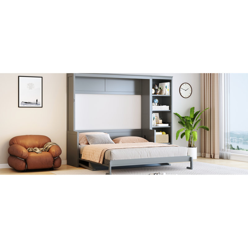 Grand lit gris avec bureau et tablettes, pin, pliable pour économiser de l'espace, grand espace de rangement, bibliothèque à lattes de bois, structure, optimisation, solutions de rangement multiples