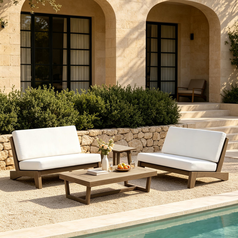 Ensemble de conversation Polett, 4 pièces: 2 tables, 2 causeuses, Beige, Brown