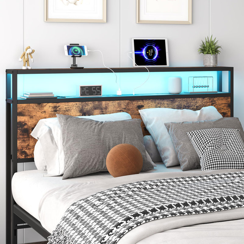 Storage Headboard With LED Lights & Charging Ports, Queen