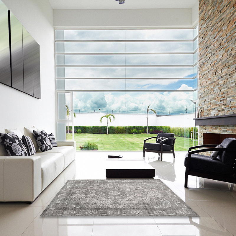Tapis contemporain gris / blanc, Carré 5 pi