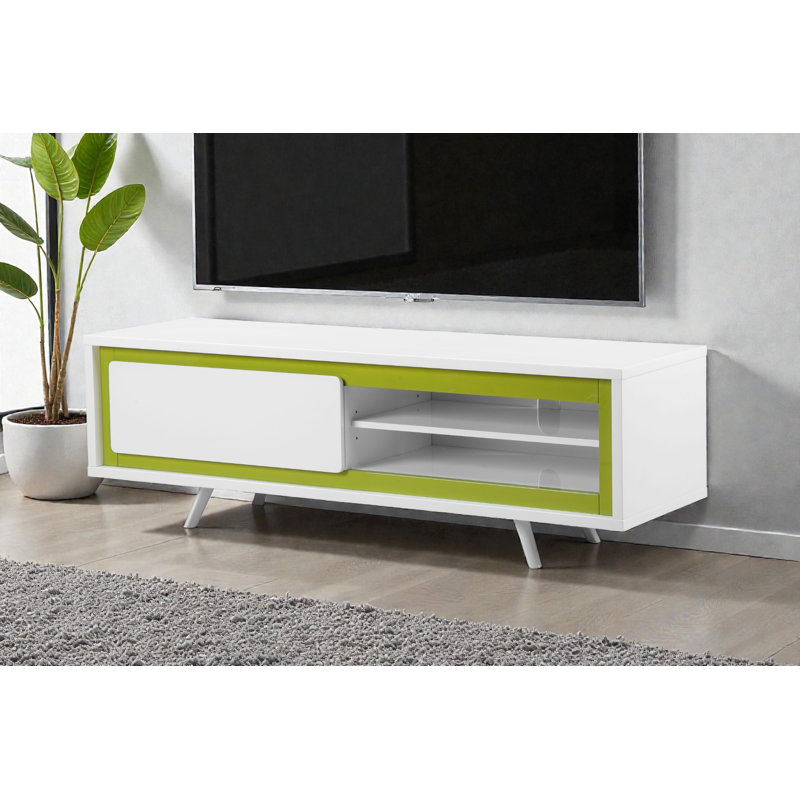 Meuble télé Pangea Home Hal - Meuble télé 59 po de long - Console multimédia moderne avec tiroir, tablettes ouvertes et gestion des câbles intégrée - Meuble télé vert et blanc