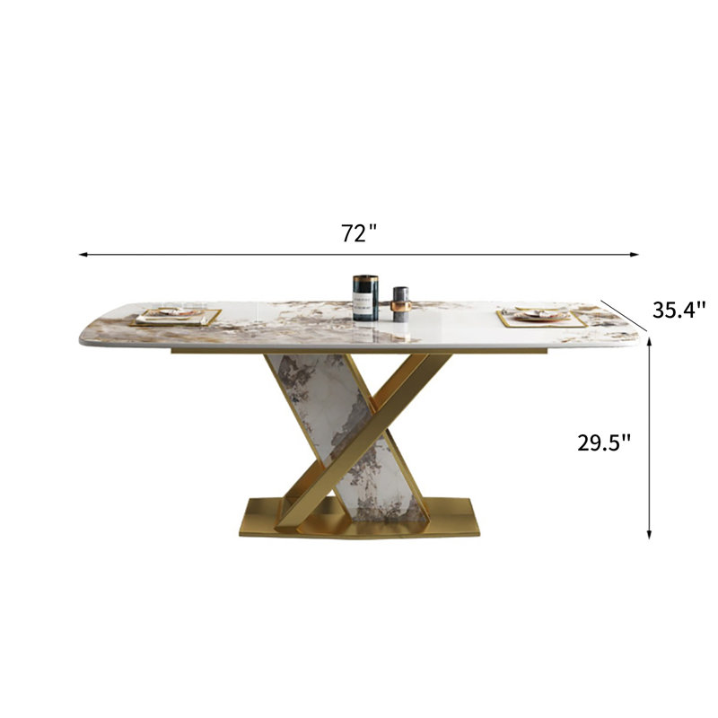 Table de salle à manger rectangulaire de luxe moderne en pierre frittée pour 6 personnes avec base en acier inoxydable doré L 71 po Rayeanna