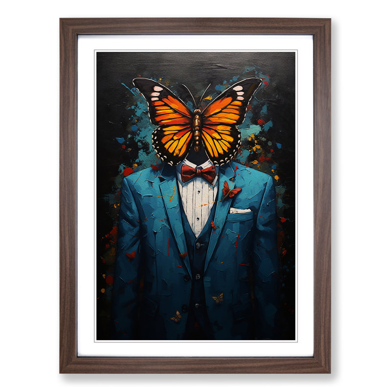 Butterfly In A Suit Painting No.3 - Single Picture Frame Print on Wood, Walnut Framed, 34cm H x 25cm W x 2cm D