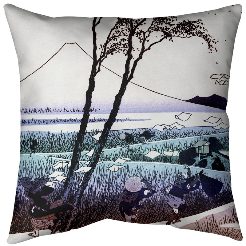 Coussin décoratif Katsushika Hokusai Ejiri dans la province de Suruga, Rouge / Bleu, 14 po x 14 po, Faux lin