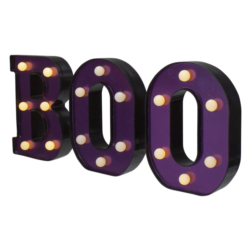 Enseigne lumineuse d'Halloween à DEL «BOO», H 6,5 po x l 5 po x P 1 po, Mauve