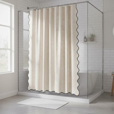 Linen Shower Curtain Beige Cute Black Scalloped Boho Modern Shower Curtains 72" W X 72" L