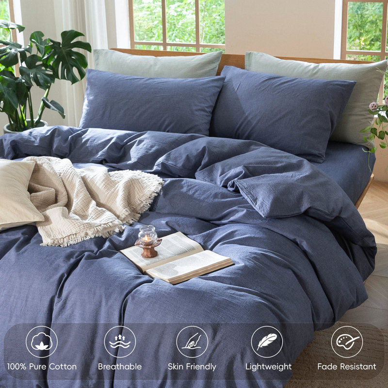MooMee Duvet Cover Set 100% Washed Cotton Linen Like Textured Lightweight, Denim Blue