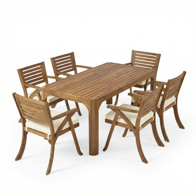 Brizio Patio 6-Piece Acacia Wood Dining Set With Slatted Tabletop & Cushions
