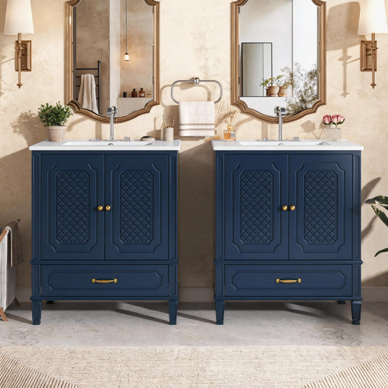 Ensemble de meuble-lavabo double, armoire à grille en diamant rétro avec lavabo en céramique, portes à fermeture douce et tablettes de rangement réglables