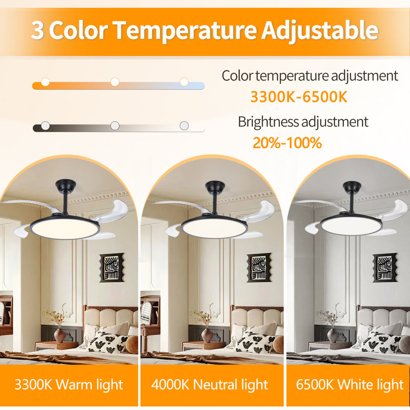 42" Retractable Ceiling Fan With Light And Remote, Quiet DC Motor Modern Ceiling Fan, Black