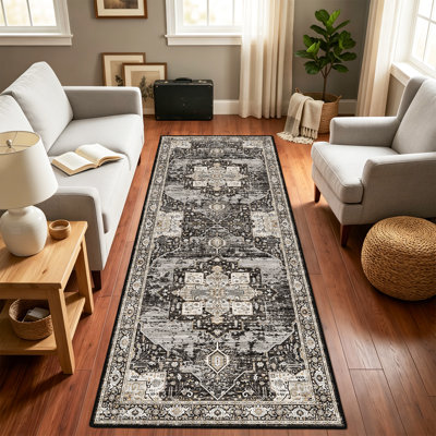 Washable 3X8 Runner Rugs - Large Boho Rugs for Living Room Stain Resistant Carpet Vintage Tribal Rugs for Bedroom Kitchen Bathroom Non Slip Backing Home Decor Floor Decoration Mat 3X8 Black