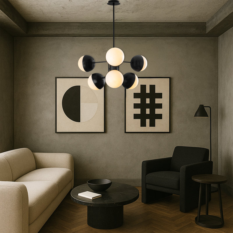 Lustre spoutnik en métal, 6 lumières, H 31,1 po x l 25,2 po x P 25,2 po, Noir / blanc