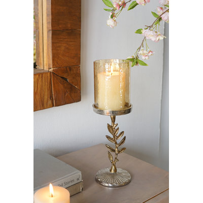 Gold Leaf Pillar Candle Holder With Silver Base And Glass Hurricane
